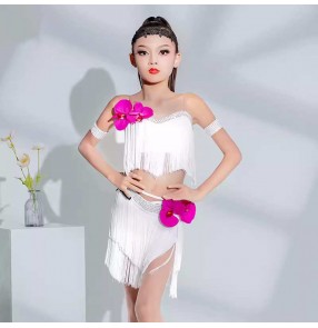 Girls kids white fringe gemstones competition latin dance dresses pink flowers modern salsa rumba chacha performance costumes for children